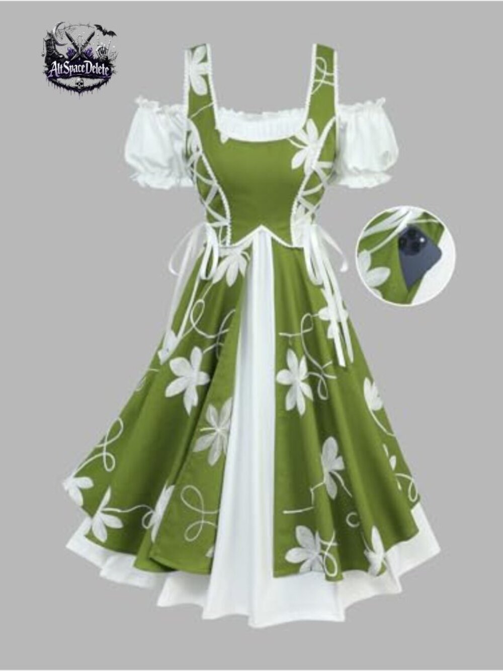 Midi Dress with Puff Sleeves, Corset Lace-Up, Floral Embroidery, A-Line - Picture 5 of 7